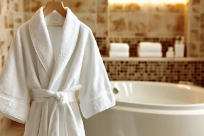 White Bathrobe Hanging In A Luxury Hotel Bathroom