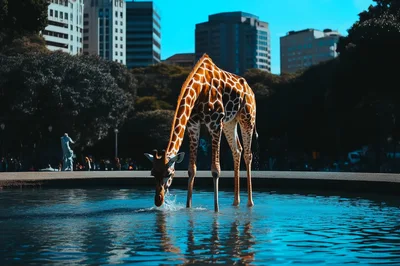 Giraffe Drinking Water In An Urban City Fountain