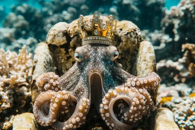Octopus Wearing A Jeweled Gold Crown Underwater