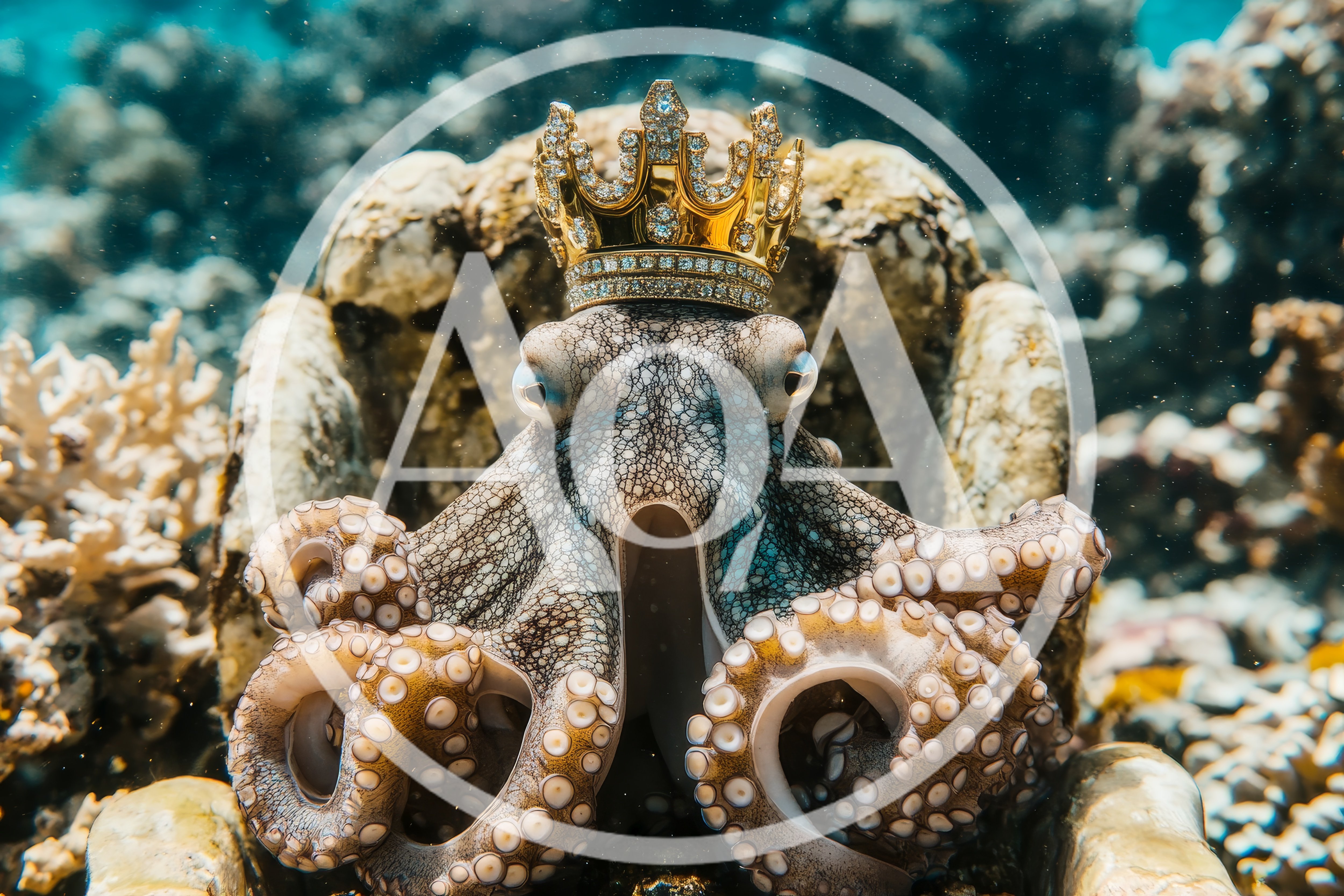 Octopus Wearing A Jeweled Gold Crown Underwater