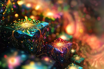 Abstract Glowing Fractal Gift Boxes With Bokeh Background