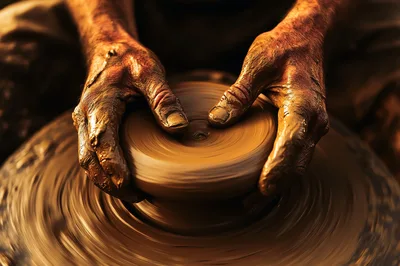 Potter Shaping Clay On A Spinning Pottery Wheel