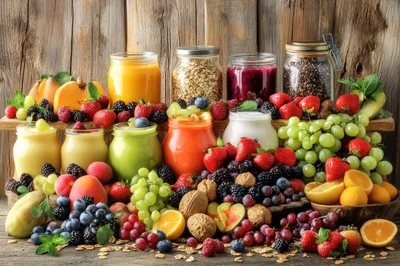 Assorted Healthy Breakfast Jars With Fresh Fruits And Grains