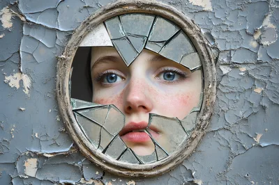 Young Woman Looking Through A Broken Circular Mirror