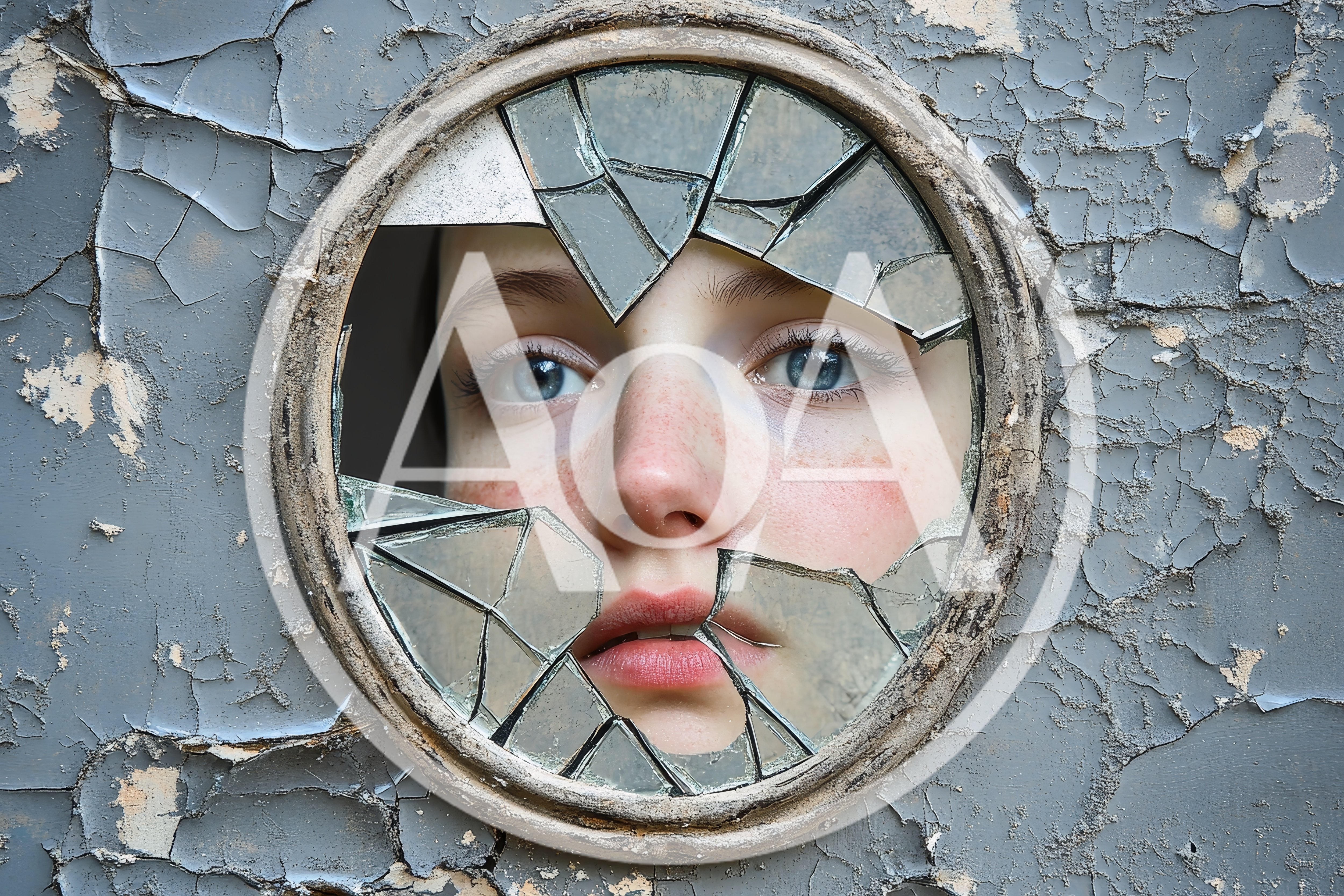 Young Woman Looking Through A Broken Circular Mirror