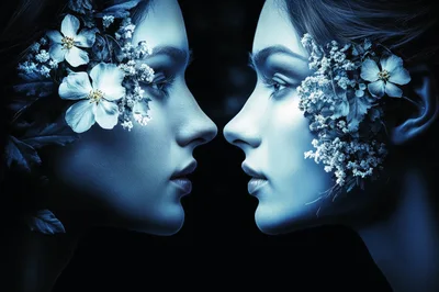 Two Women Facing Each Other With Floral Adornments
