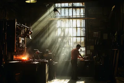 Blacksmith Working With Glowing Metal In Industrial Workshop