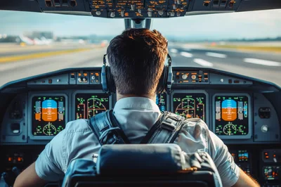 Pilot Operating Aircraft Cockpit During Runway Taxi