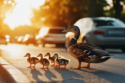 Mother Duck Leading Ducklings Across A City Street