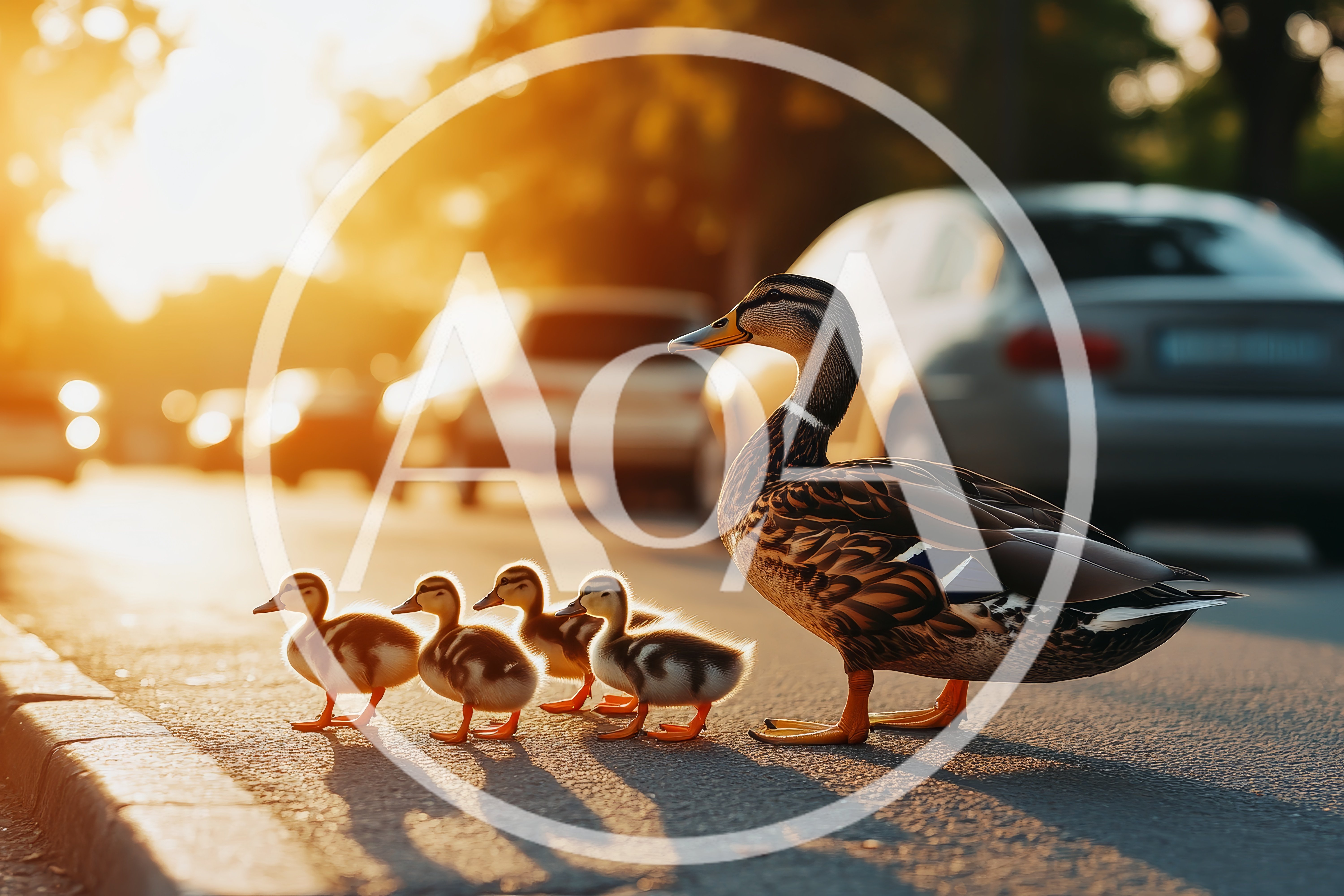 Mother Duck Leading Ducklings Across A City Street
