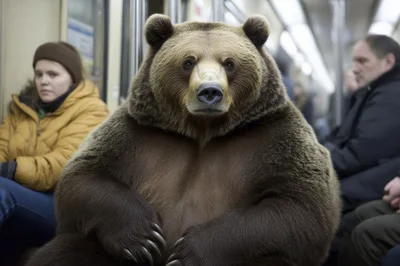Grizzly Bear Sitting Among Commuters On A Subway Train