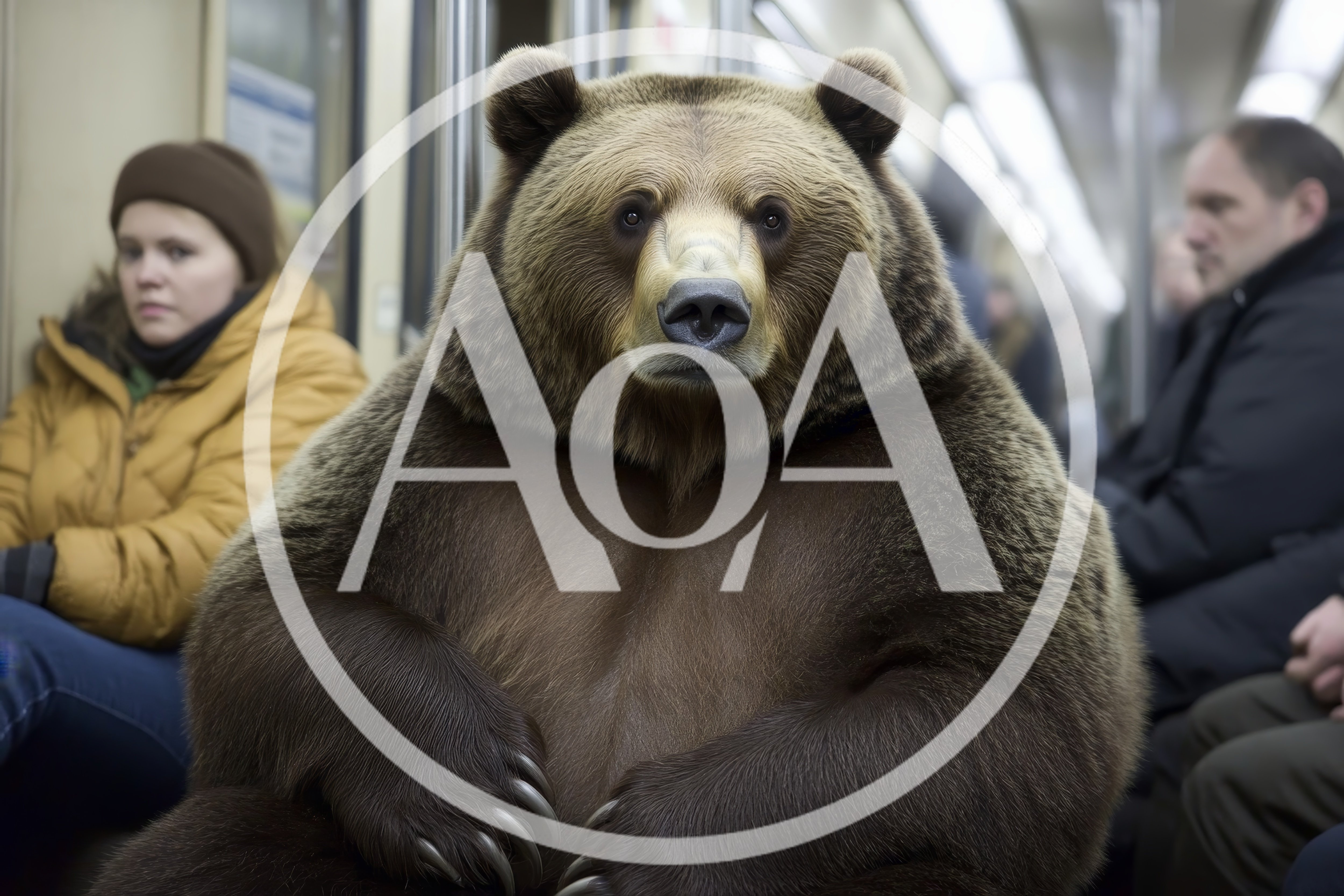 Grizzly Bear Sitting Among Commuters On A Subway Train