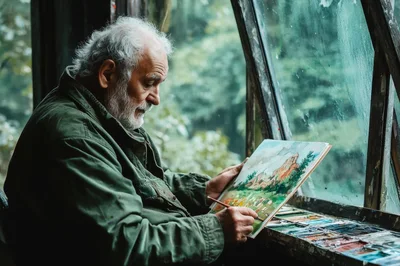 Elderly Artist Painting Landscape In A Rustic Studio