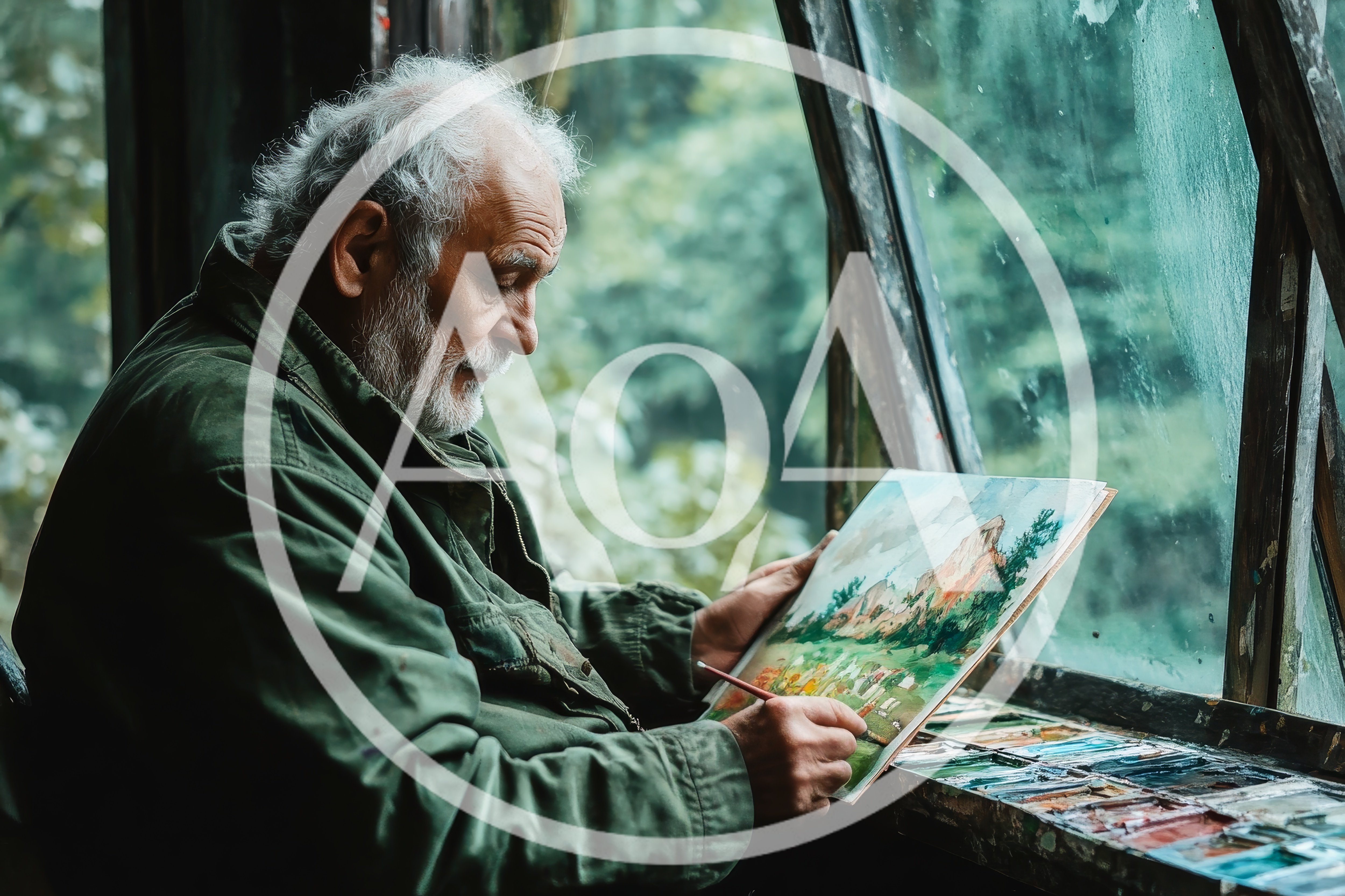 Elderly Artist Painting Landscape In A Rustic Studio