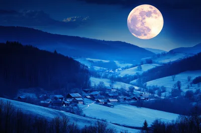 Full Moon Over A Snowy Mountain Village