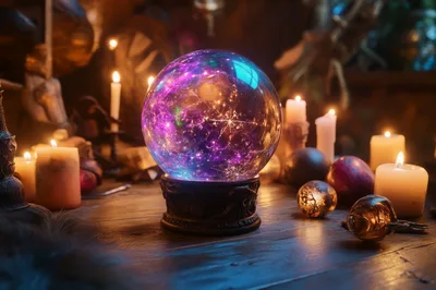 Glowing Crystal Ball On A Wooden Table With Candles