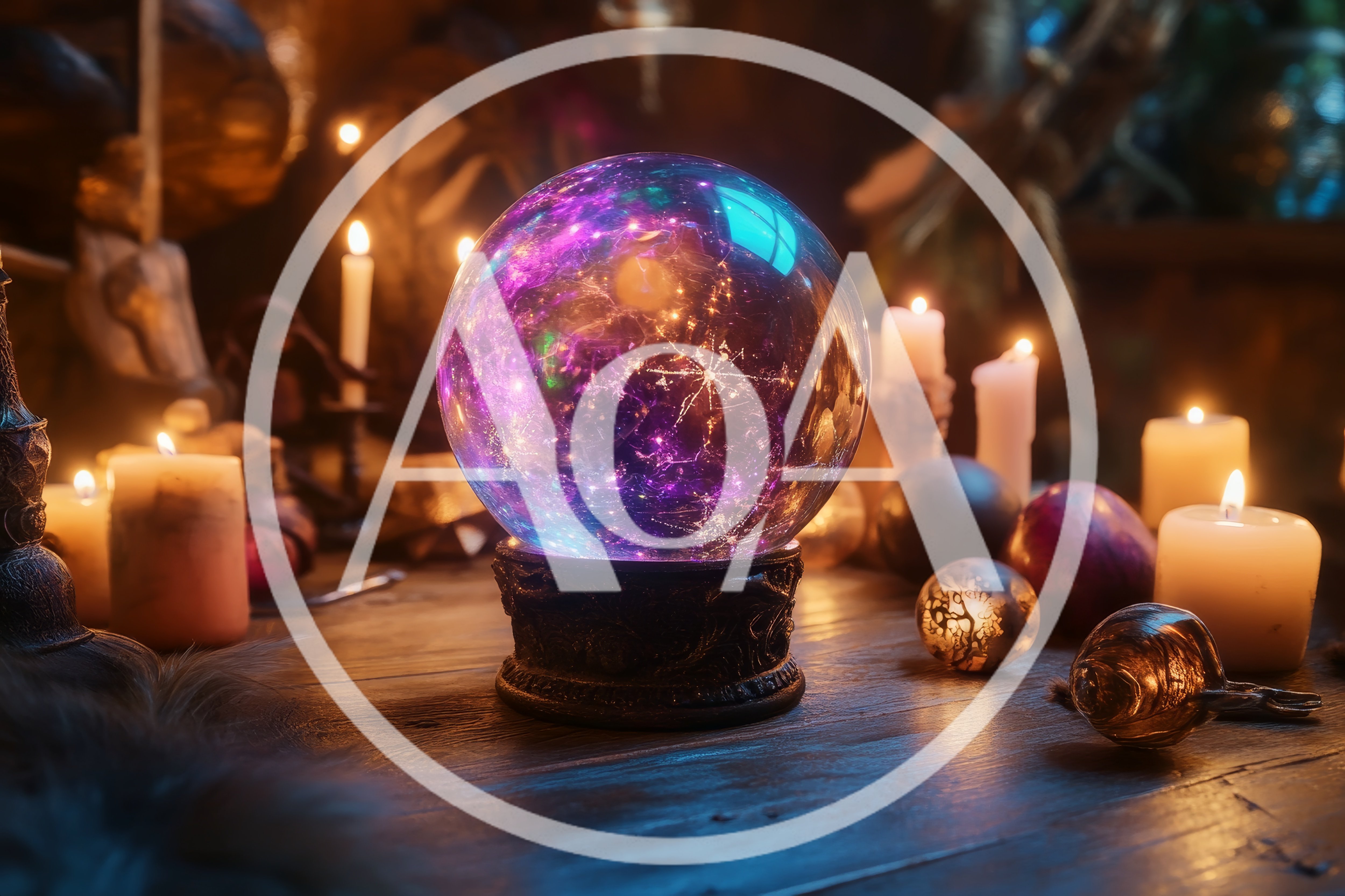 Glowing Crystal Ball On A Wooden Table With Candles