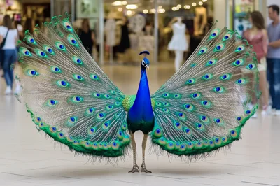 Peacock Displaying Feathers Inside A Modern Shopping Mall