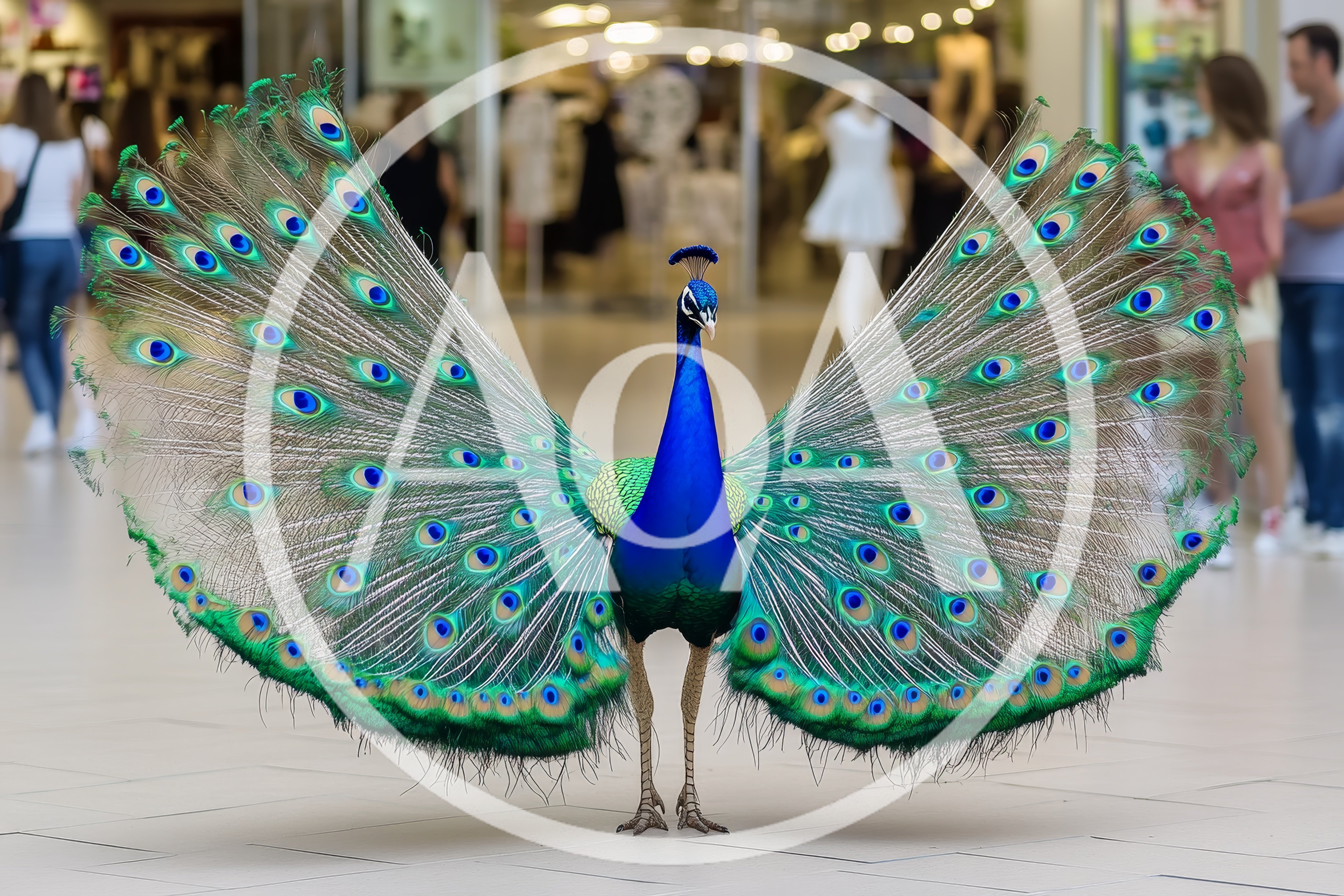 Peacock Displaying Feathers Inside A Modern Shopping Mall