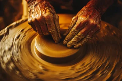 Potter Shaping Clay On A Spinning Pottery Wheel