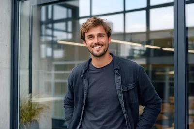 Smiling Young Man Standing Outside Modern Office Building