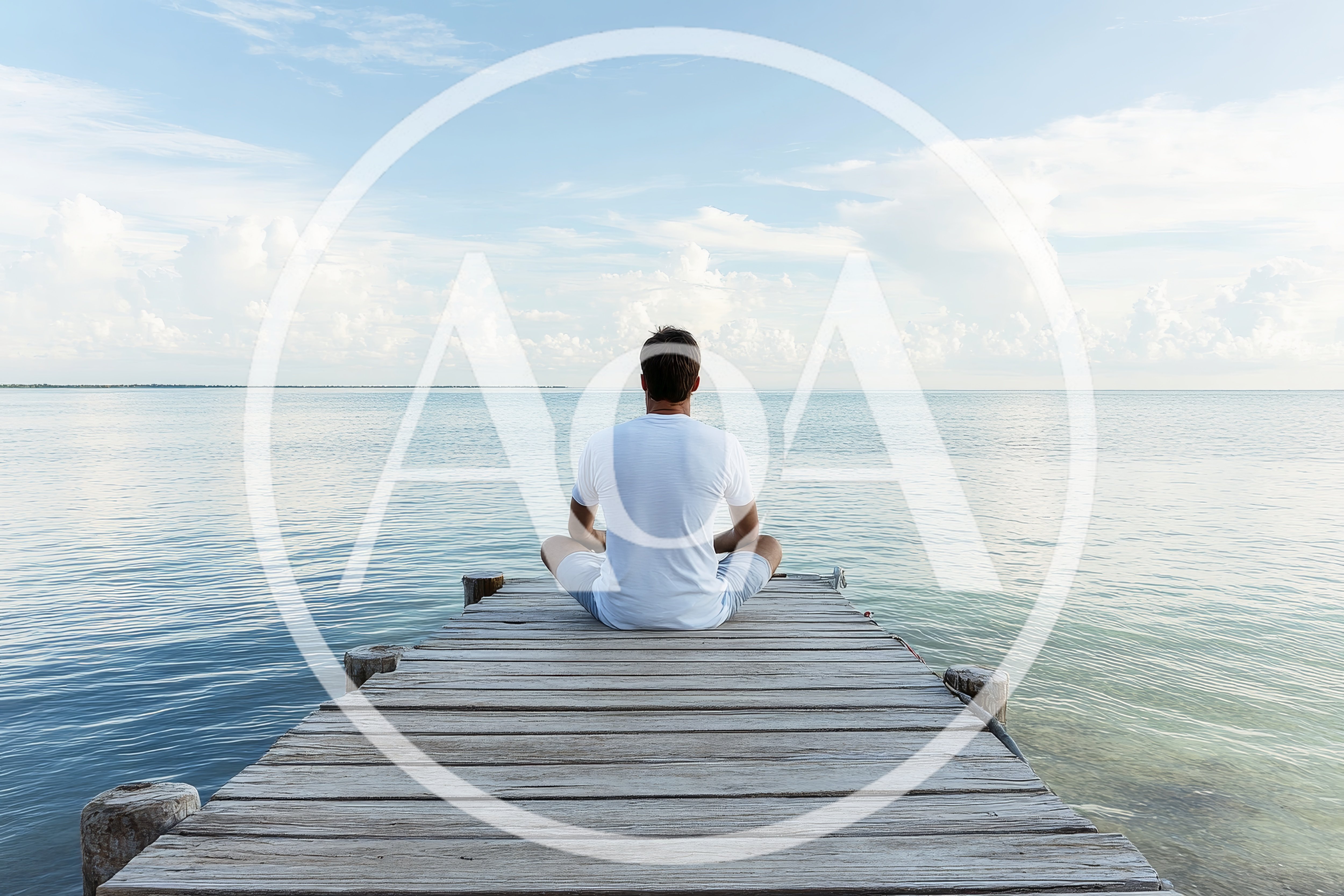 Man Meditating In Lotus Position On A Wooden Pier