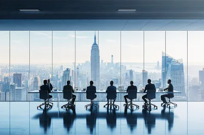 Corporate Board Meeting Overlooking New York City Skyline