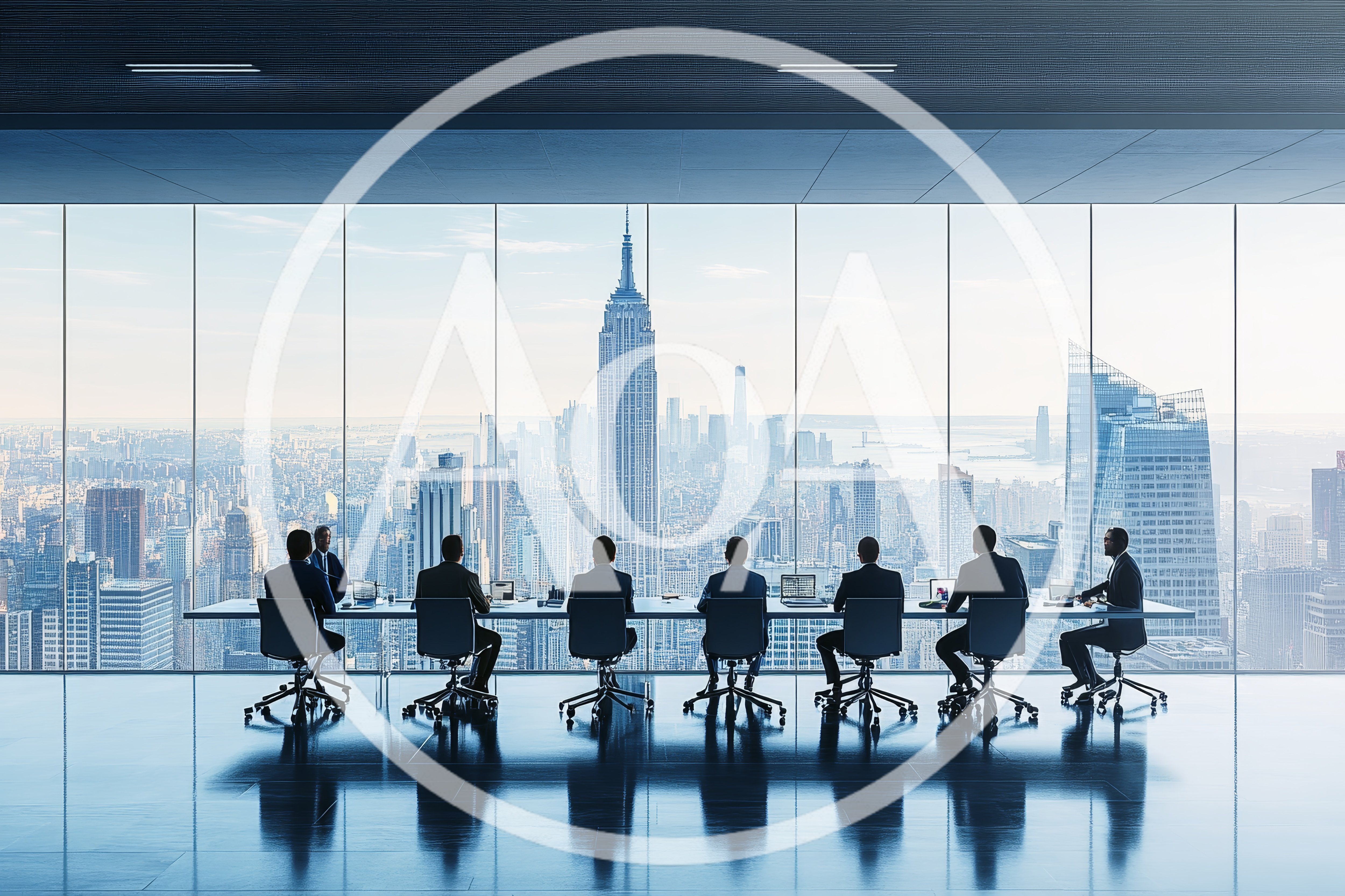 Corporate Board Meeting Overlooking New York City Skyline