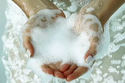 Woman Holding Soapy Foam In Cupped Hands