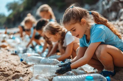 Children Cleaning Plastic Bottles From A Sandy Beach