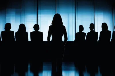 Silhouetted Business Team Standing Before Office Window