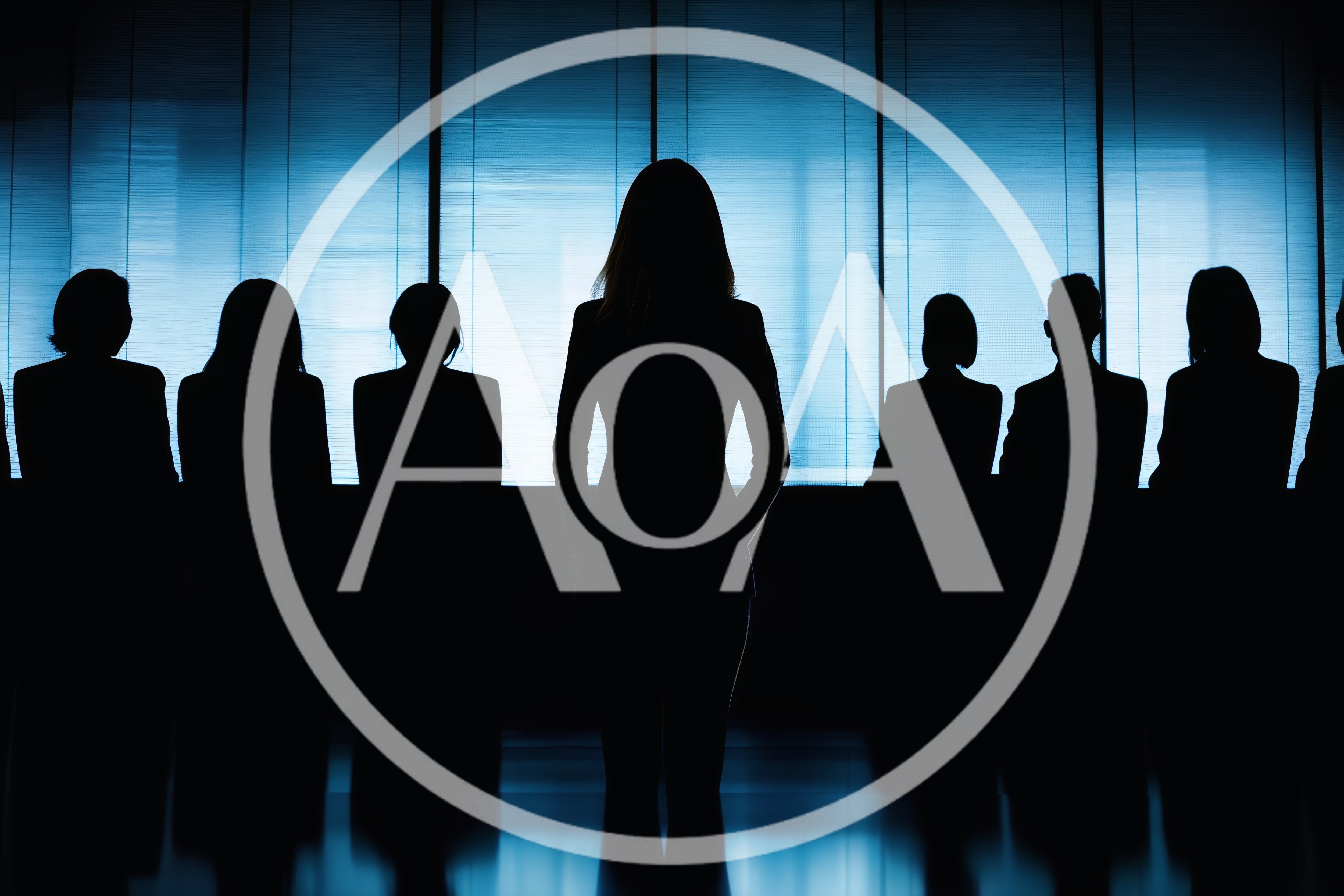 Silhouetted Business Team Standing Before Office Window