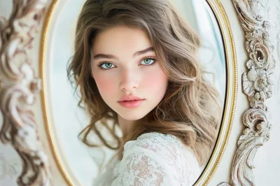 Portrait Of A Beautiful Young Woman In A Mirror
