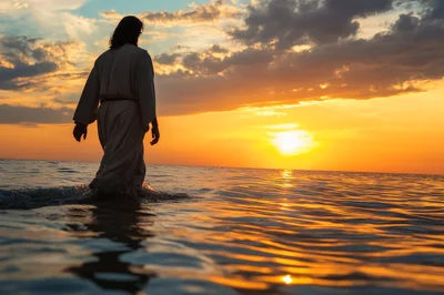 Jesus Walking On Water At Sunset