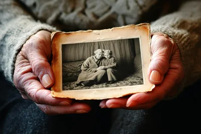 Elderly Hands Holding A Vintage Black And White Photograph