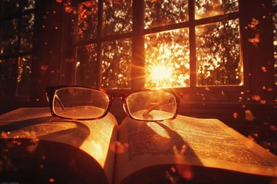 Eyeglasses Resting On An Open Book At Sunset
