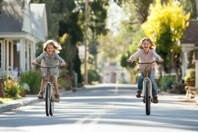 Two Happy Children Riding Bicycles Down A Sunny Street