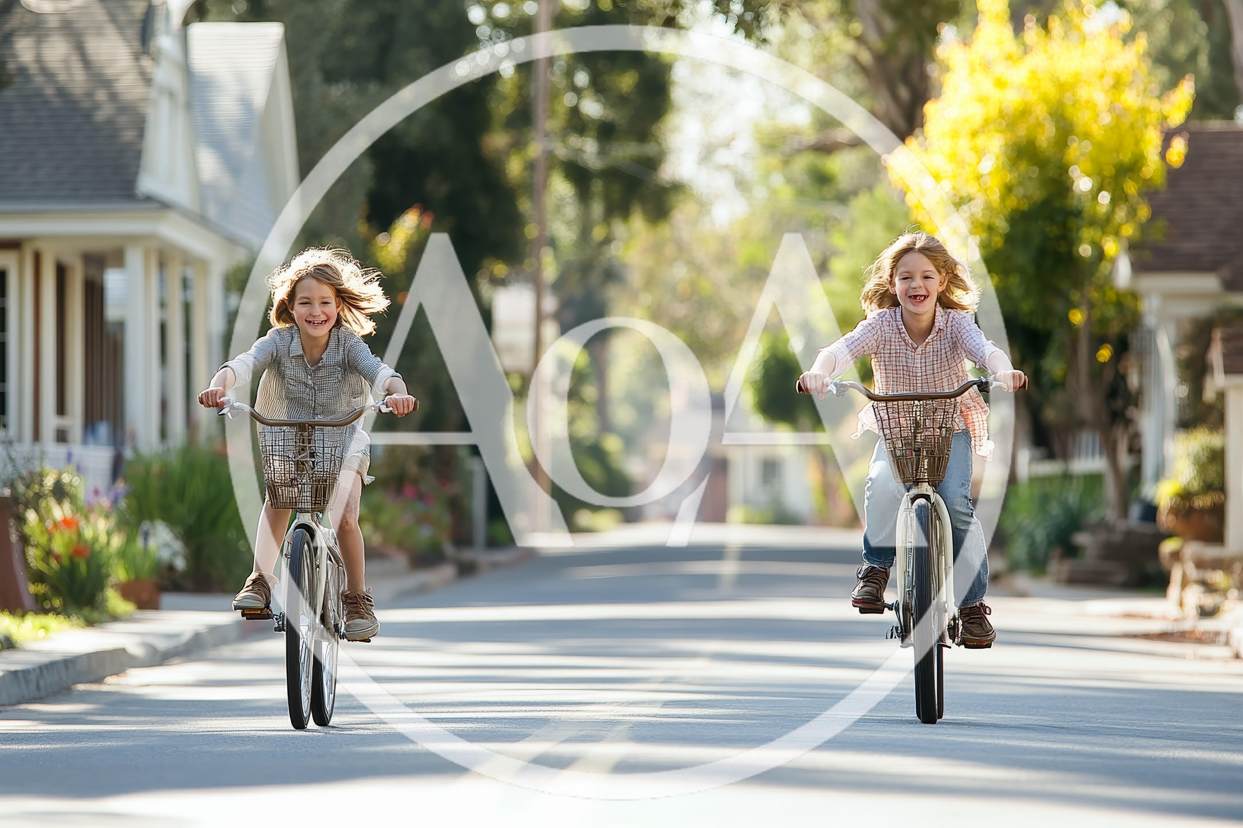 Two Happy Children Riding Bicycles Down A Sunny Street