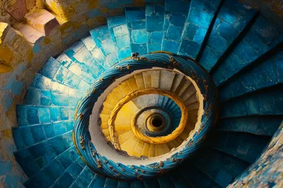Spiral Staircase With Blue Tiles And Yellow Railing
