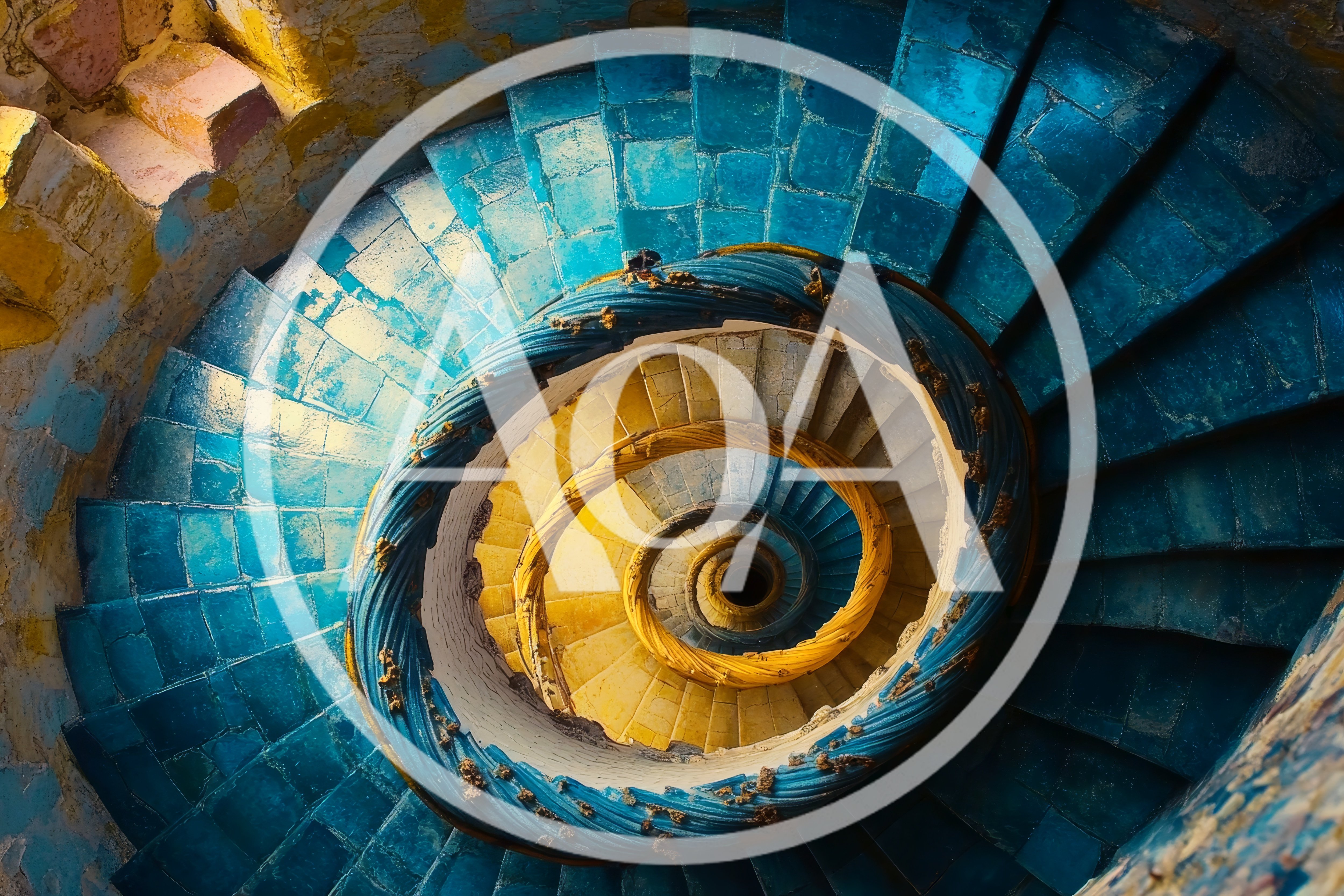Spiral Staircase With Blue Tiles And Yellow Railing