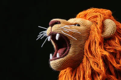Knitted Lion Toy Roaring Against Black Background