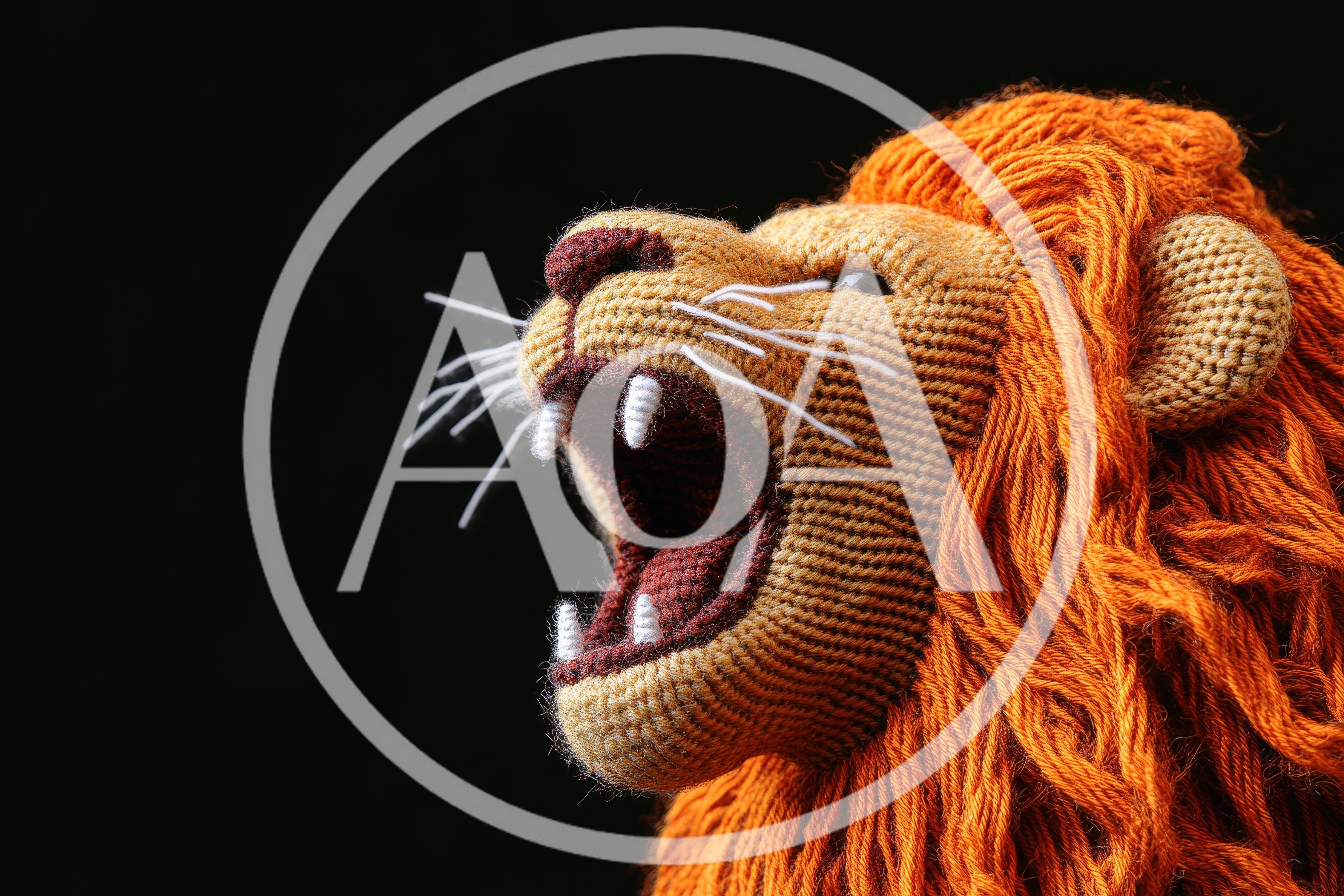 Knitted Lion Toy Roaring Against Black Background