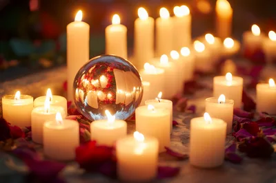 Crystal Ball Surrounded By Glowing Candles And Rose Petals