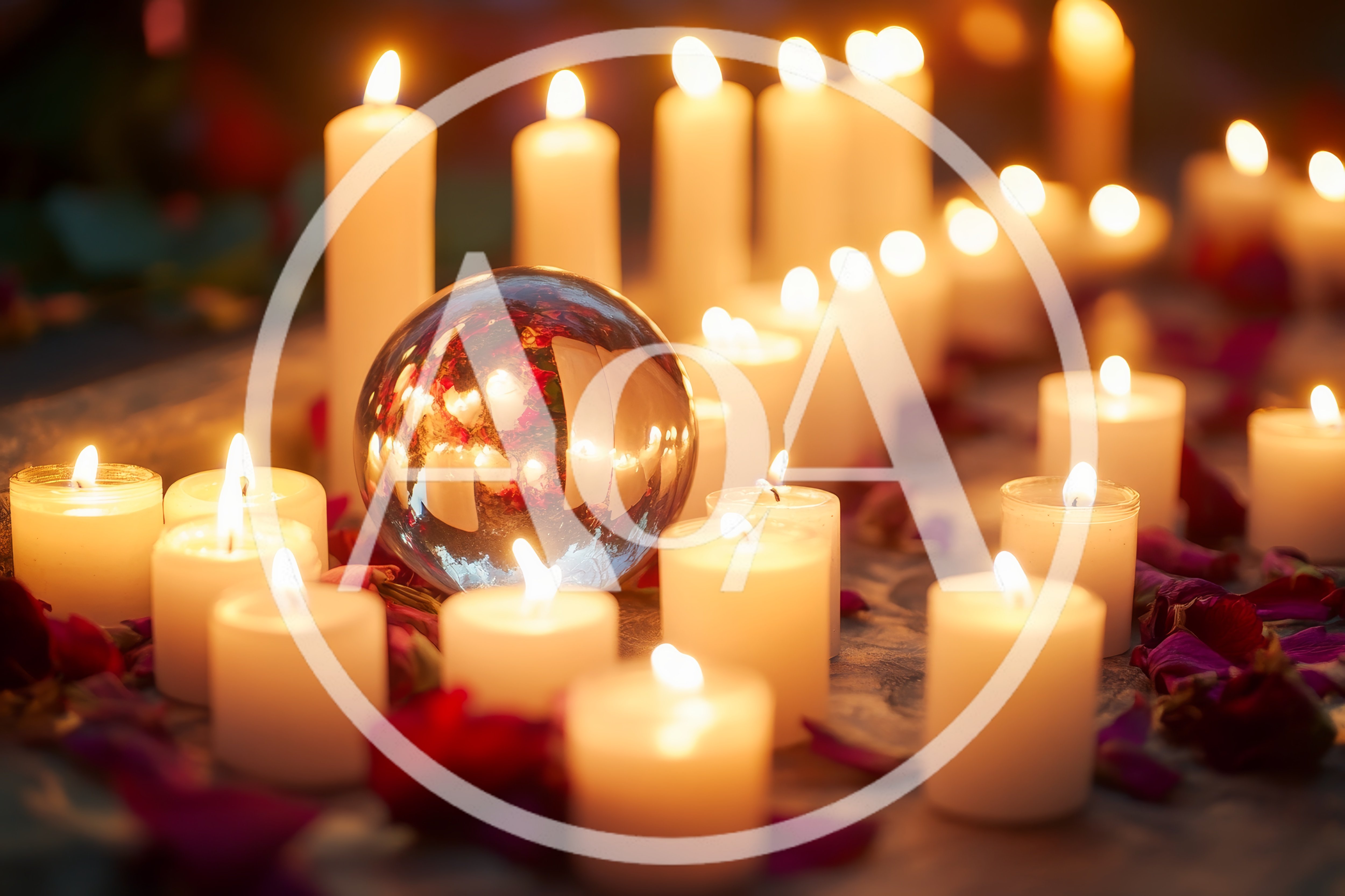 Crystal Ball Surrounded By Glowing Candles And Rose Petals