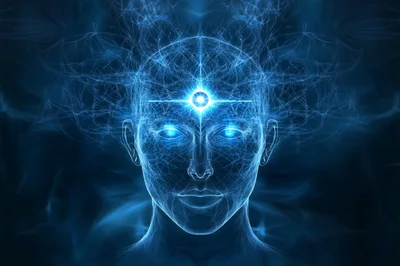 Digital Human Head With Glowing Third Eye And Neural Network