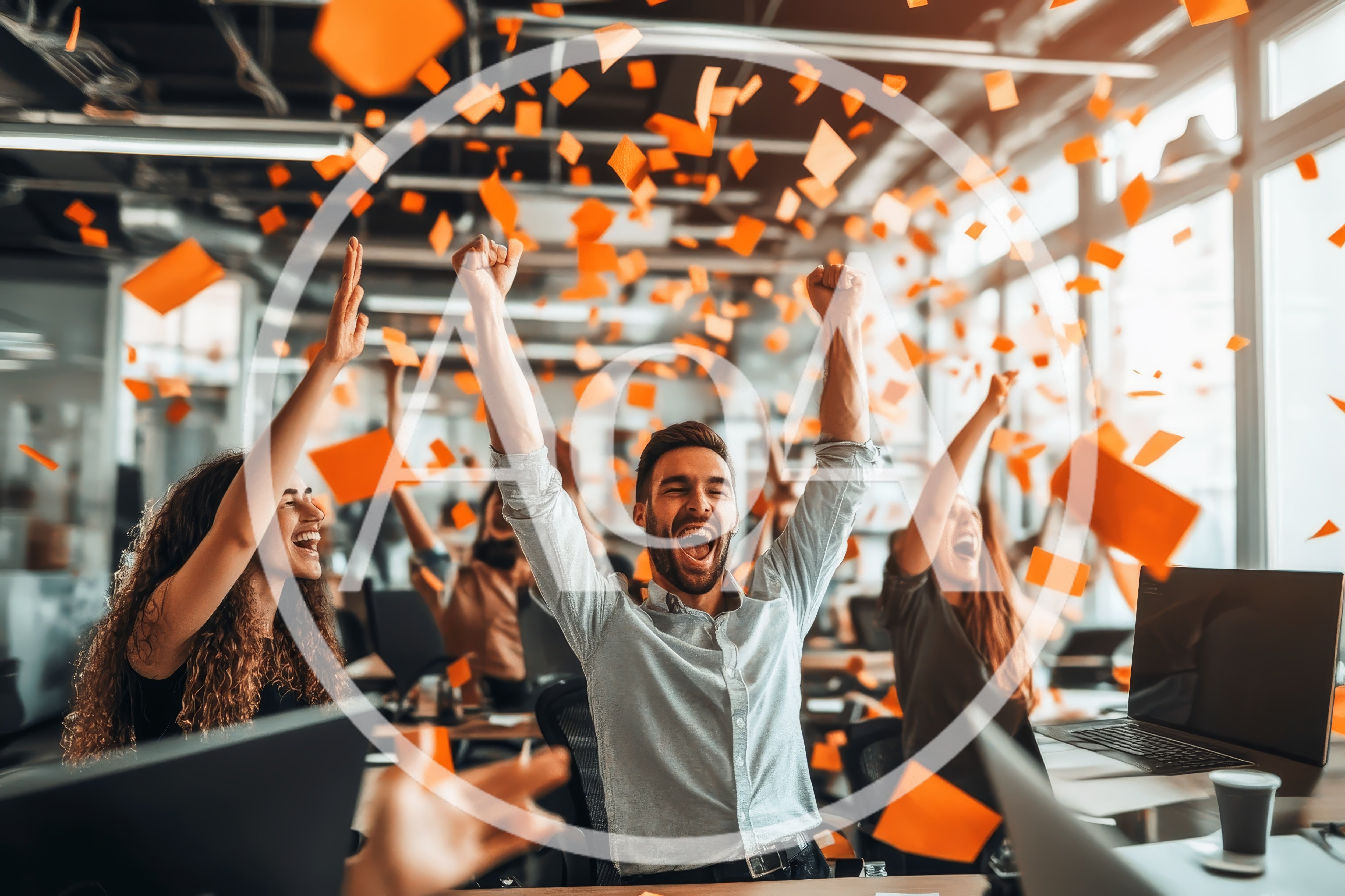 Excited Office Team Celebrating Success With Confetti