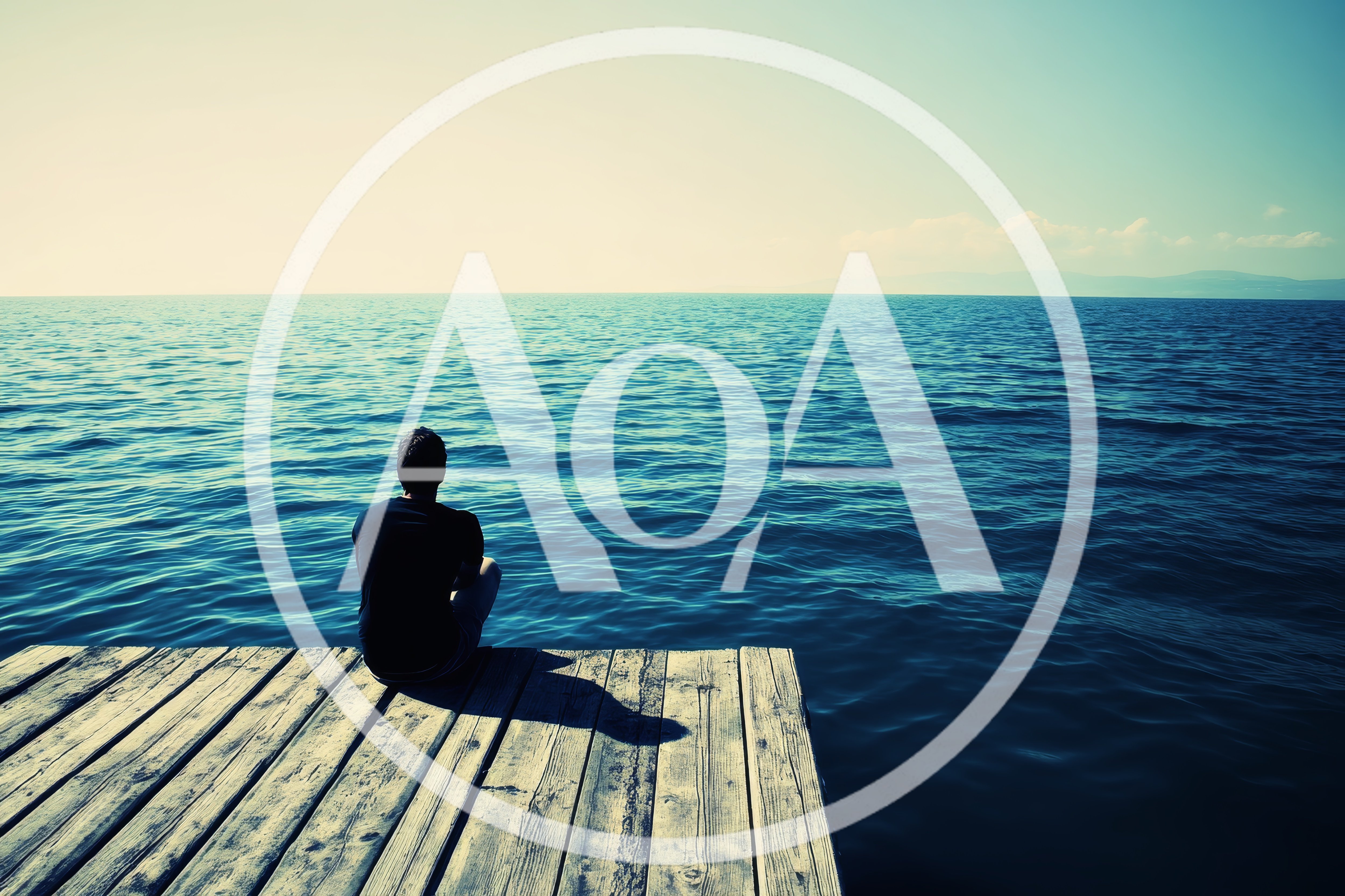 Man Sitting Alone On A Wooden Pier Overlooking The Ocean