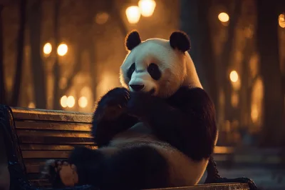 Giant Panda Sitting On A Park Bench At Night