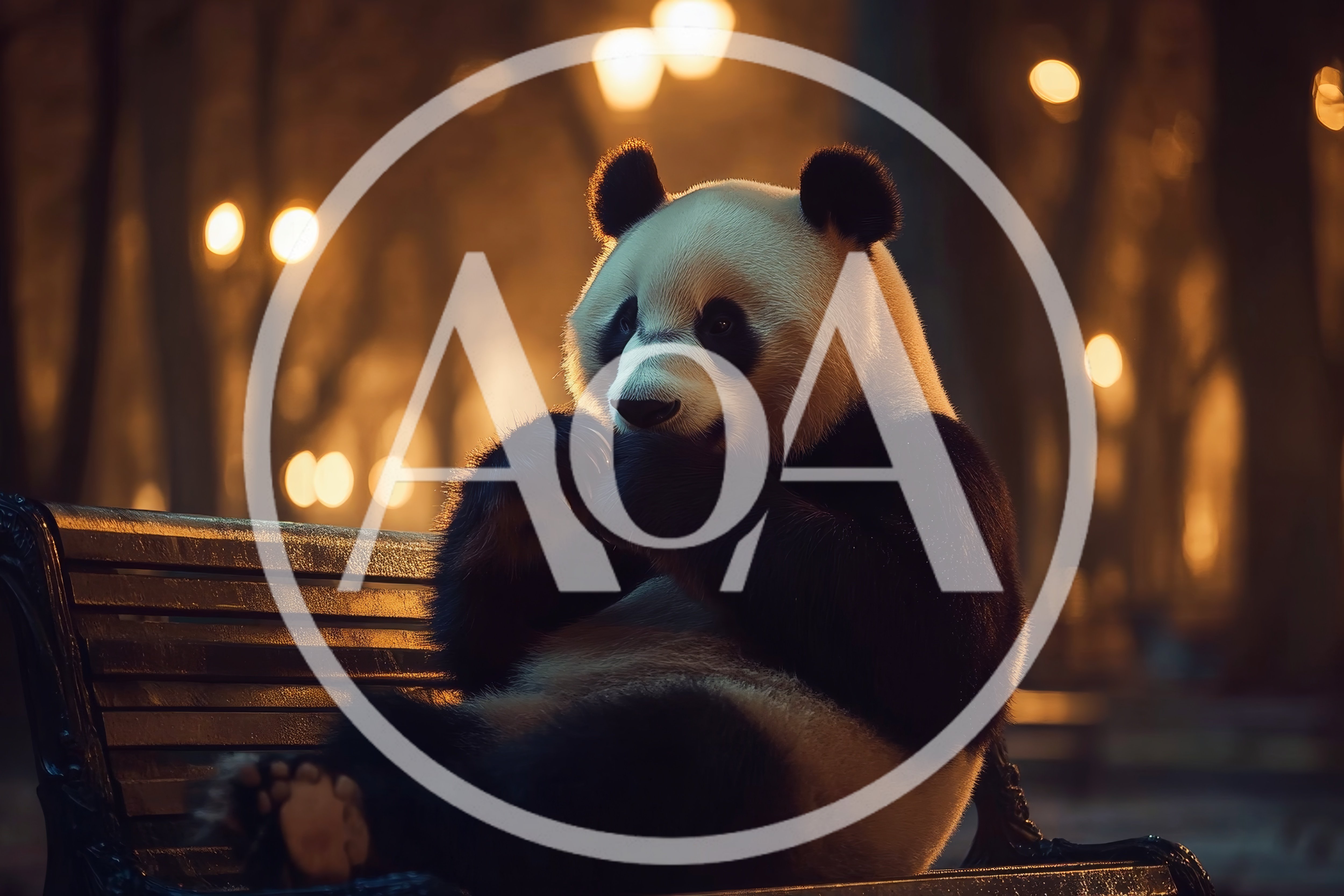 Giant Panda Sitting On A Park Bench At Night