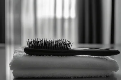 Black Hairbrush Resting On A Folded White Towel